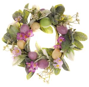 Húsvéti koszorú virágokkal és tojásokkal világos lila, 28 cm átmérő