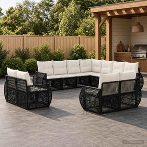 Kerti Kanapé Szett 11 db Fekete és krémfehér polirattan
