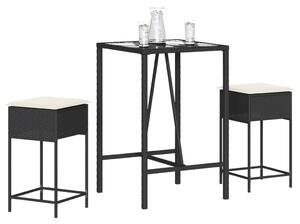 3 részes fekete polyrattan kerti bárszett párnával