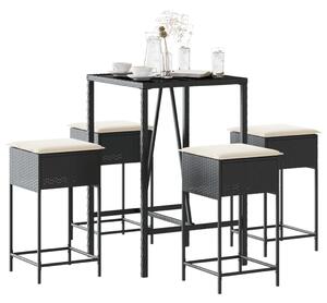 5 részes fekete polyrattan kerti bárszett párnával
