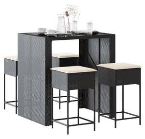 5 részes fekete polyrattan kerti bárszett párnával