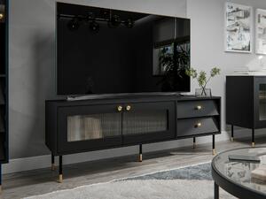 TV-állvány Feletri 102, Edzett üveg, Közepes sűrűségű farostlemez, Laminált forgácslap, 55x150x39cm, Fekete