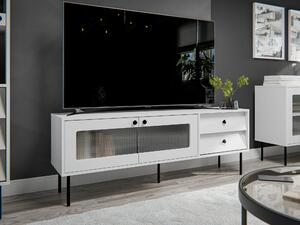 TV-állvány Feletri 102, Edzett üveg, Közepes sűrűségű farostlemez, Laminált forgácslap, 55x150x39cm, Fehér