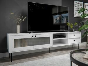 TV-állvány Feletri 103, Edzett üveg, Közepes sűrűségű farostlemez, Laminált forgácslap, 55x200x39cm, Fehér