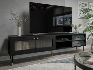 TV-állvány Feletri 103, Edzett üveg, Közepes sűrűségű farostlemez, Laminált forgácslap, 55x200x39cm, Fekete