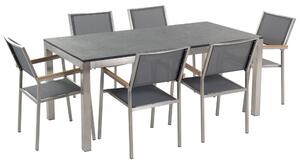 Hatszemélyes fekete égetett gránit étkezőasztal szürke székekkel GROSSETO