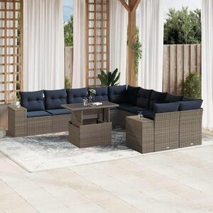 11 db szürke polyrattan kerti kanapégarnitúra párnákkal