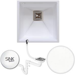 SINK Quality Mosogató Minőségi Argon 50, konyhai gránit mosogató 420x420x225 mm + króm szifon, fehér, SKQ-ARG.W.1KBO.50.X