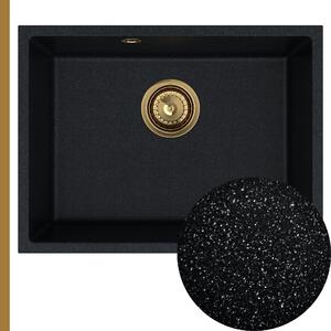 SINK Quality Mosogató minőségi Crypton 60, konyhai gránit mosogató 535x400x205 mm + arany szifon, fekete foltos, SKQ-CRY.B.1KBO.60.XG