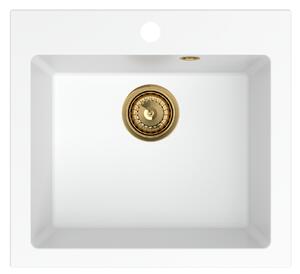 SINK Quality Mosogató Quality Ferrum 50, konyhai gránit mosogató 490x450x195 mm + arany szifon, fehér, SKQ-FER.W.1K50.XG