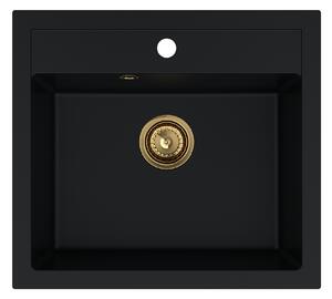 SINK Quality Mosogató Quality Ferrum, konyhai gránit mosogató 565x510x205 mm + arany szifon, fekete, SKQ-FER.C.1K60.XG