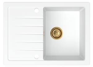 SINK Quality Mosogató Minőségi Titanite, konyhai gránit mosogató 680x495x215 mm + arany szifon, fehér, SKQ-TIT.W.1KKO.XG