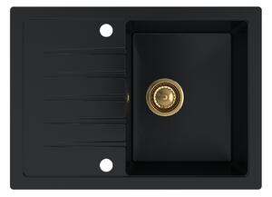 SINK Quality Mosogató Minőségi Titanite, konyhai gránit mosogató 680x495x215 mm + arany szifon, fekete, SKQ-TIT.C.1KKO.XG