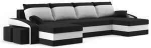 SPARTAN U alakú kinyitható kanapé két puffal Fekete-fehér