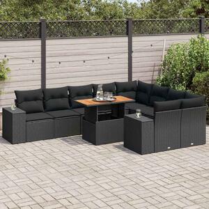 10 részes fekete polyrattan akácfa kerti ülőgarnitúra párnákkal