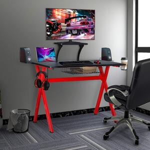 Gamer számítógépasztal pohártartóval, fejhallgató-akasztóval és monitor állvánnyal, 106x54x76cm - piros