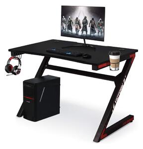 Gamer számítógépasztal pohártartóval és fejhallgató-akasztóval, 115x70x76cm - fekete, piros