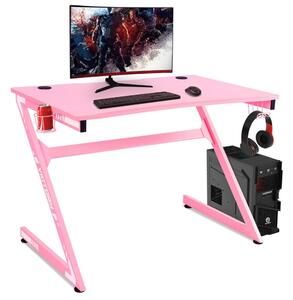 Gamer számítógépasztal pohártartóval és fejhallgató-akasztóval, 107x67,5x76cm - rózsaszín