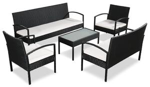 5-részes fekete polyrattan kerti bútorszett párnákkal