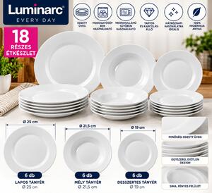 Luminarc Every Day 18 részes fehér üveg étkészlet 6 személyes tányérkészlet