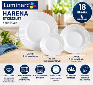Luminarc White Harena 18 részes étkészlet 6 személyre fehér üveg leveses tálkával
