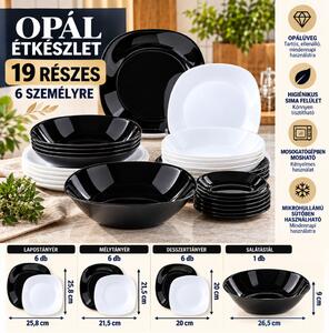 19 részes szögletes opálüveg étkészlet 6 személyre fekete-fehér
