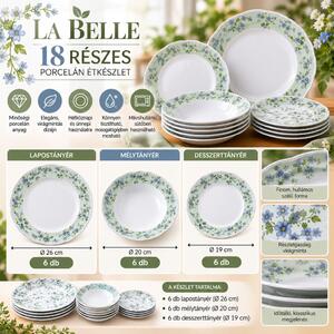 LA BELLE 18 részes porcelán étkészlet 6 személyre zöld-kék virágmintás