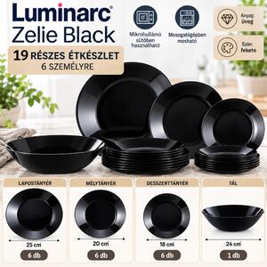 Luminarc Zelie Black 19 részes étkészlet 6 személyre tálalótállal fekete üveg