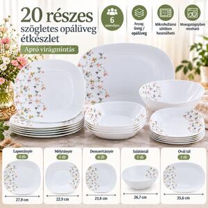 OPAL 20 részes szögletes opál étkészlet 6 személyre apró virágmintás fehér alapon