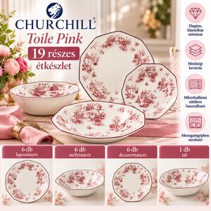 Churchill Toile Pink 19 részes kerámia étkészlet 6 személyre szögletes rózsaszín virágmintás