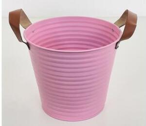 Kaspó bádog pink színű bőr füllel 16x18 cm