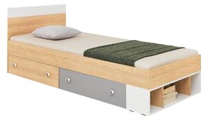 PIXELO ágy, 90x200, tölgy/fehér/szürke