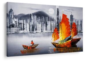 Festmény - Victoria Harbour, Hong Kong, fekete-fehér olajfestmény (90x60 cm)