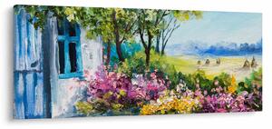 Kép a ház előtti kertről, olajfestmény (120x50 cm)