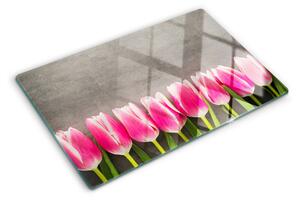 Üveg vágódeszka fényképpel Tulipánok szürke háttéren