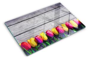 Üveg vágódeszka Tulipánok fa háttéren
