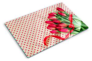Üveg vágódeszka fényképpel Tulipánok szívekkel és szalaggal