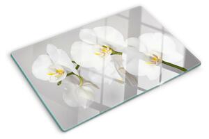 Üveg vágódeszka fényképpel Orchideák tükörkép háttér előtt