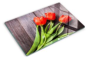 Üveg vágódeszka Tulipánok fa háttéren