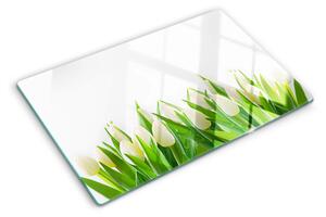 Üveg vágódeszka fényképpel Tulipánok a zöld fűben