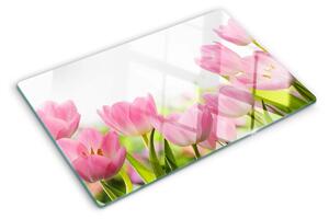 Üveg vágódeszka fényképpel Rózsaszín tulipánok a kertben
