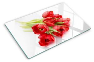 Üveg vágódeszka fényképpel Piros tulipánok fehér alapon