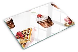Üveg vágódeszka fényképpel Gofri és cupcakes cseresznyével