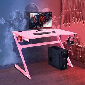 Gamer számítógépasztal pohártartóval és fejhallgató-akasztóval, 107x67,5x76cm - rózsaszín