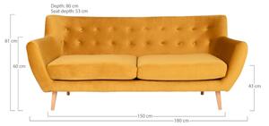 Monte 3 üléses kanapé, mustársárga bársony