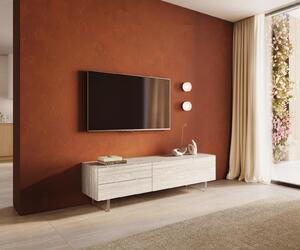 DELIFE TV szekrény Cuor 180 cm Laminam® kerámia Travertino Bianco krémfehér 1 billenő ajtó 2 fiókos rakodófelület lebegő láb akrilüveg