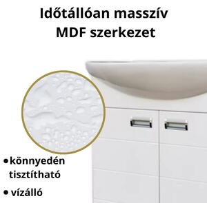 LEDA 75 cm széles álló fürdőszobai mosdószekrény króm kiegészítőkkel, íves kerámia mosdóval, soft close ajtókkal és LED okostükörrel