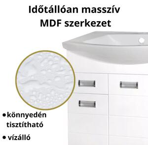 LEDA 85 cm széles álló fürdőszobai mosdószekrény króm kiegészítőkkel, íves kerámia mosdóval és soft close ajtókkal