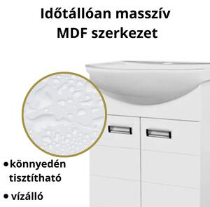 LEDA 55 cm széles álló fürdőszobai mosdószekrény króm kiegészítőkkel, íves kerámia mosdóval, soft close ajtókkal és LED okostükörrel