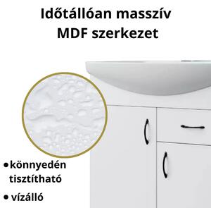 HD STANDARD 75 cm széles álló fürdőszobai mosdószekrény, fényes fehér, fekete kiegészítőkkel, 2 ajtóval és 1 fiókkal, íves kerámia mosdóval és LED okostükörrel